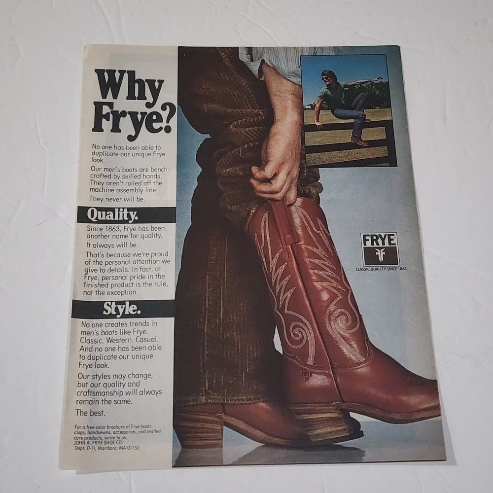 Vintage Print Ad Why Frye cowboy boots male model on fence 1970s clipping